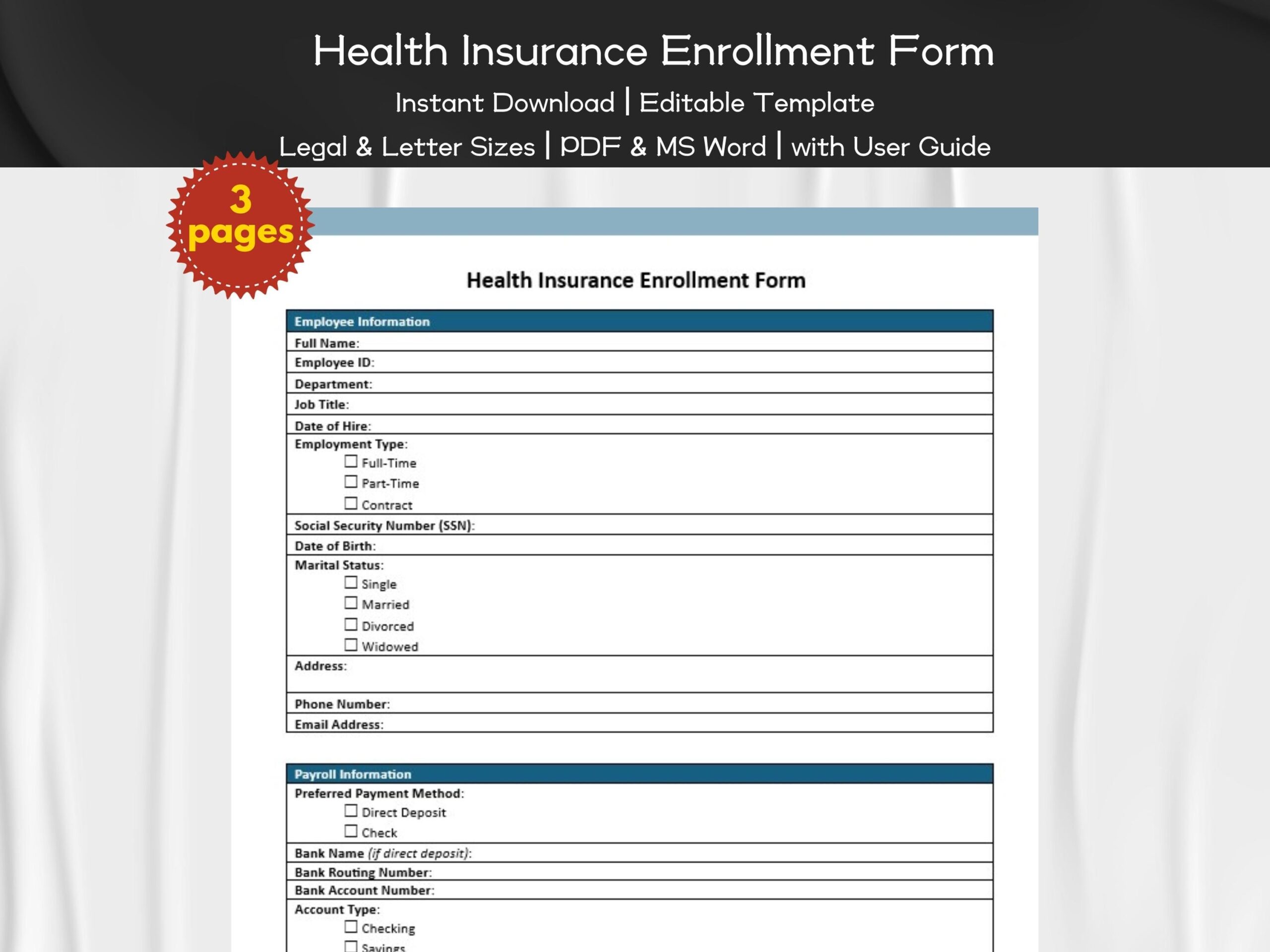 Employee Benefit Enrollment Form Etsy