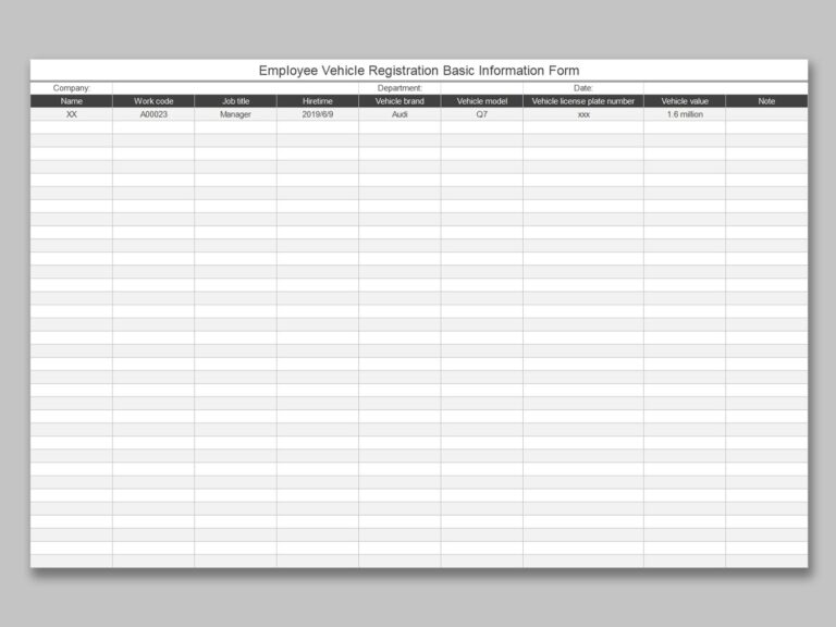 EXCEL Of Employee Vehicle Registration Basic Information Form xlsx WPS Free Templates