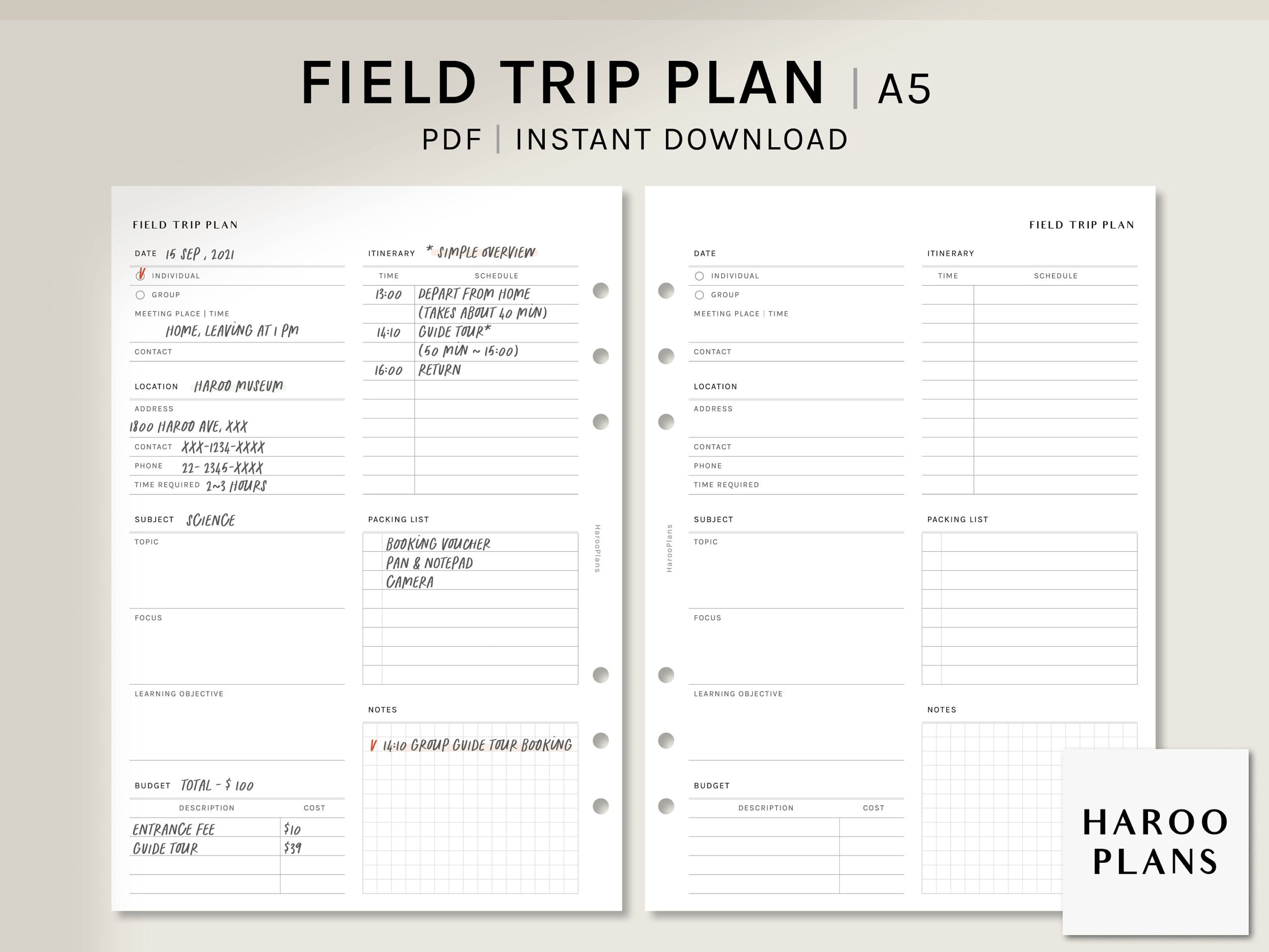 Field Trip Planning Sheet A5 Printable Planner Inserts Simple 