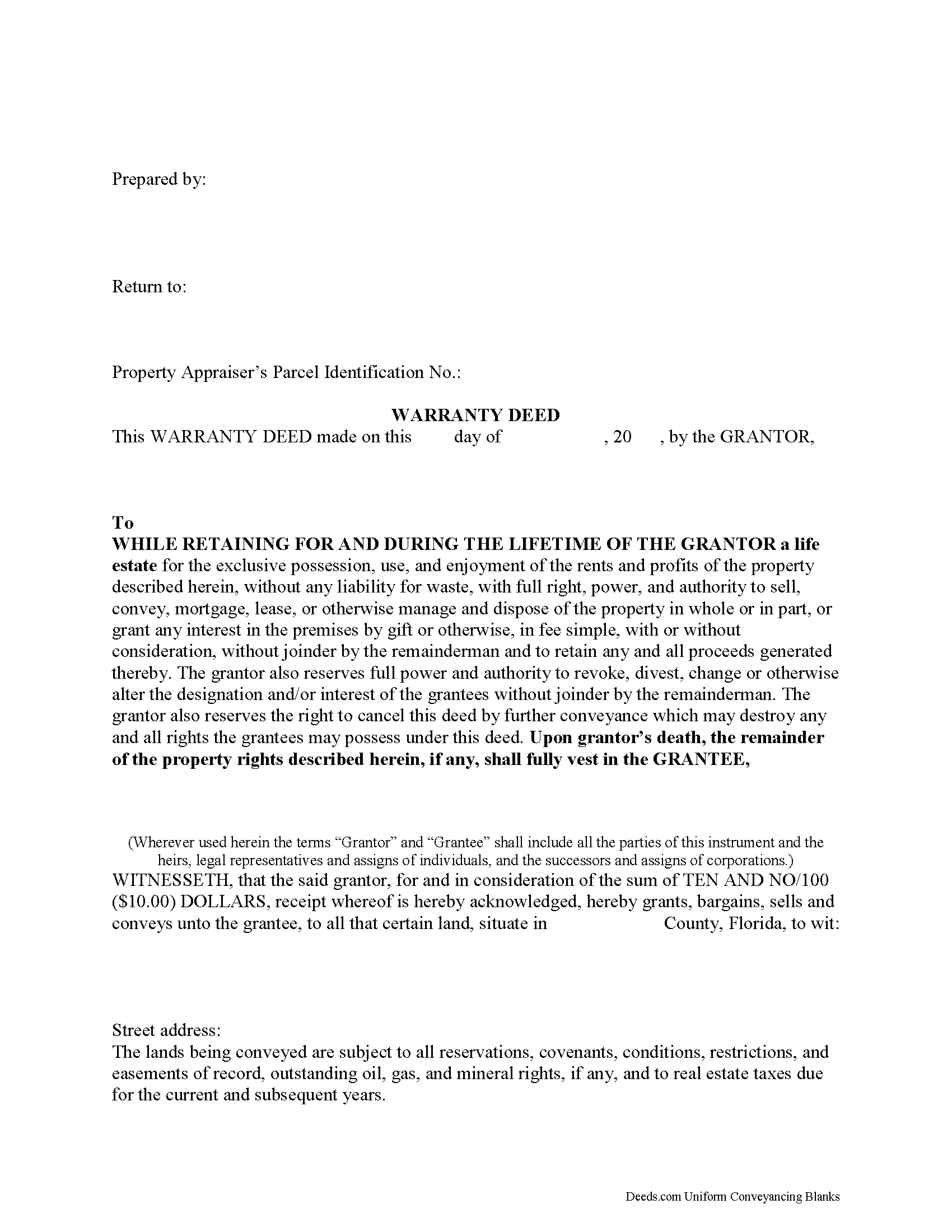 Florida Enhanced Life Estate Deed Ladybird Warranty Deed Forms 