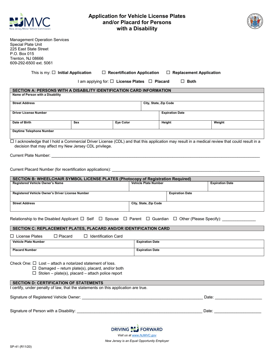 Form SP 41 Download Fillable PDF Or Fill Online Application For Vehicle License Plates And or Placard For Persons With A Disability New Jersey Templateroller