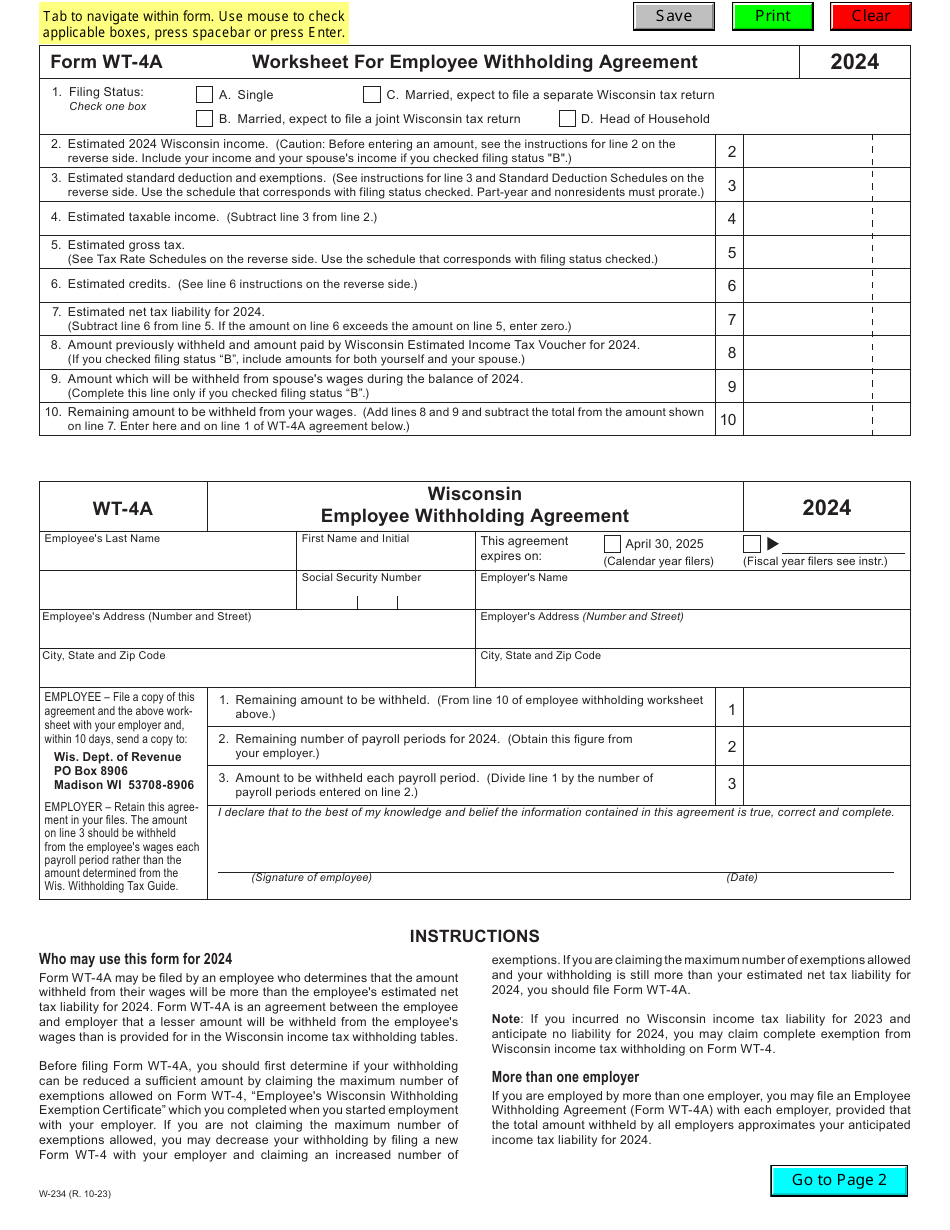 Form WT 4A W 234 Download Fillable PDF Or Fill Online Worksheet For Employee Withholding Agreement 2024 Wisconsin 2021 2025 Templateroller