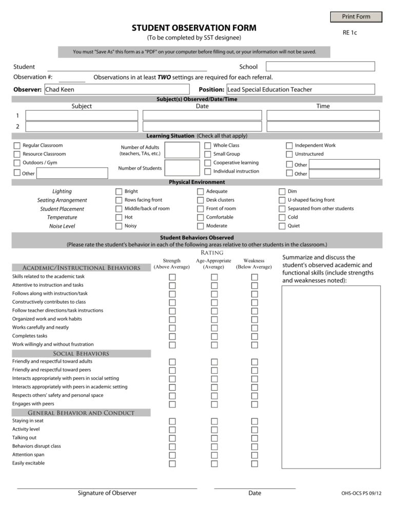 FREE 10 Student Observation Form Samples PDF MS Word Google Docs Excel