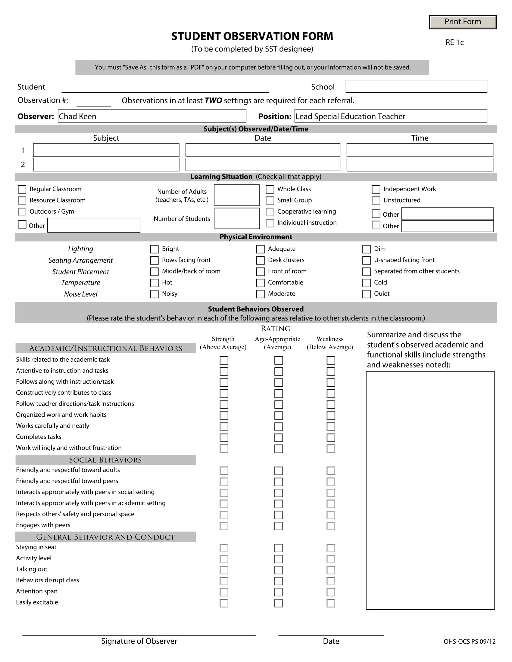 FREE 10 Student Observation Form Samples PDF MS Word Google Docs Excel