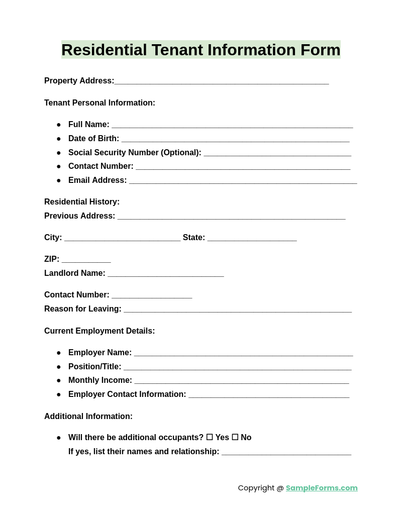 FREE 14 Tenant Information Form Samples PDF MS Word Google Docs Excel