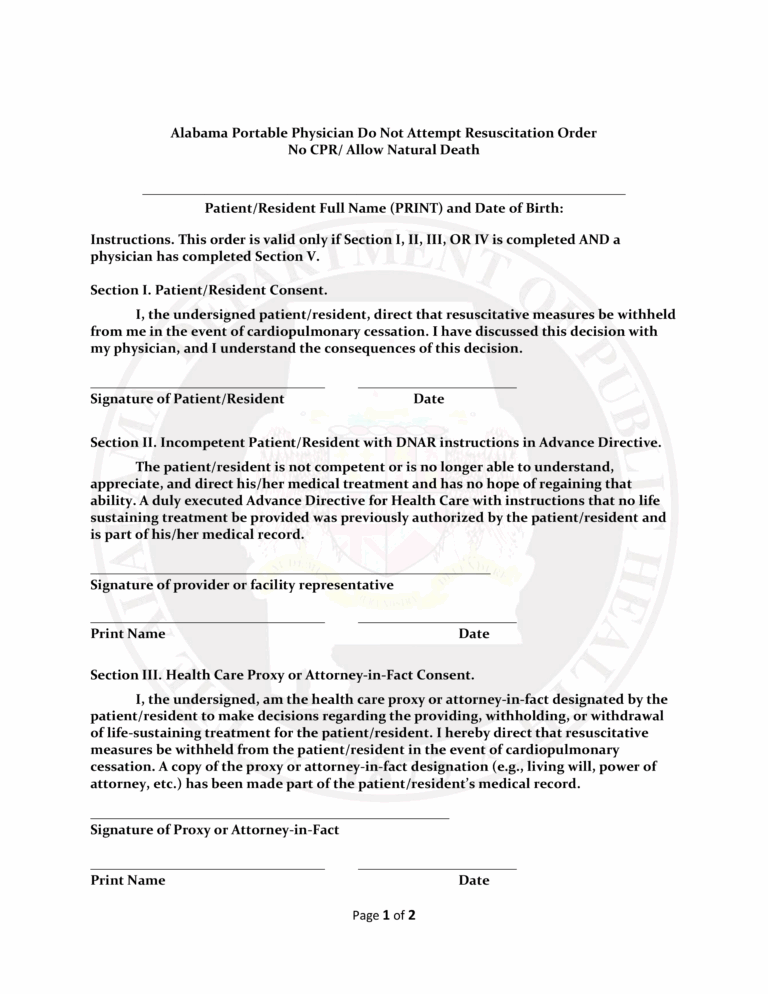 Free Alabama Do Not Resuscitate DNR Order Form PDF EForms