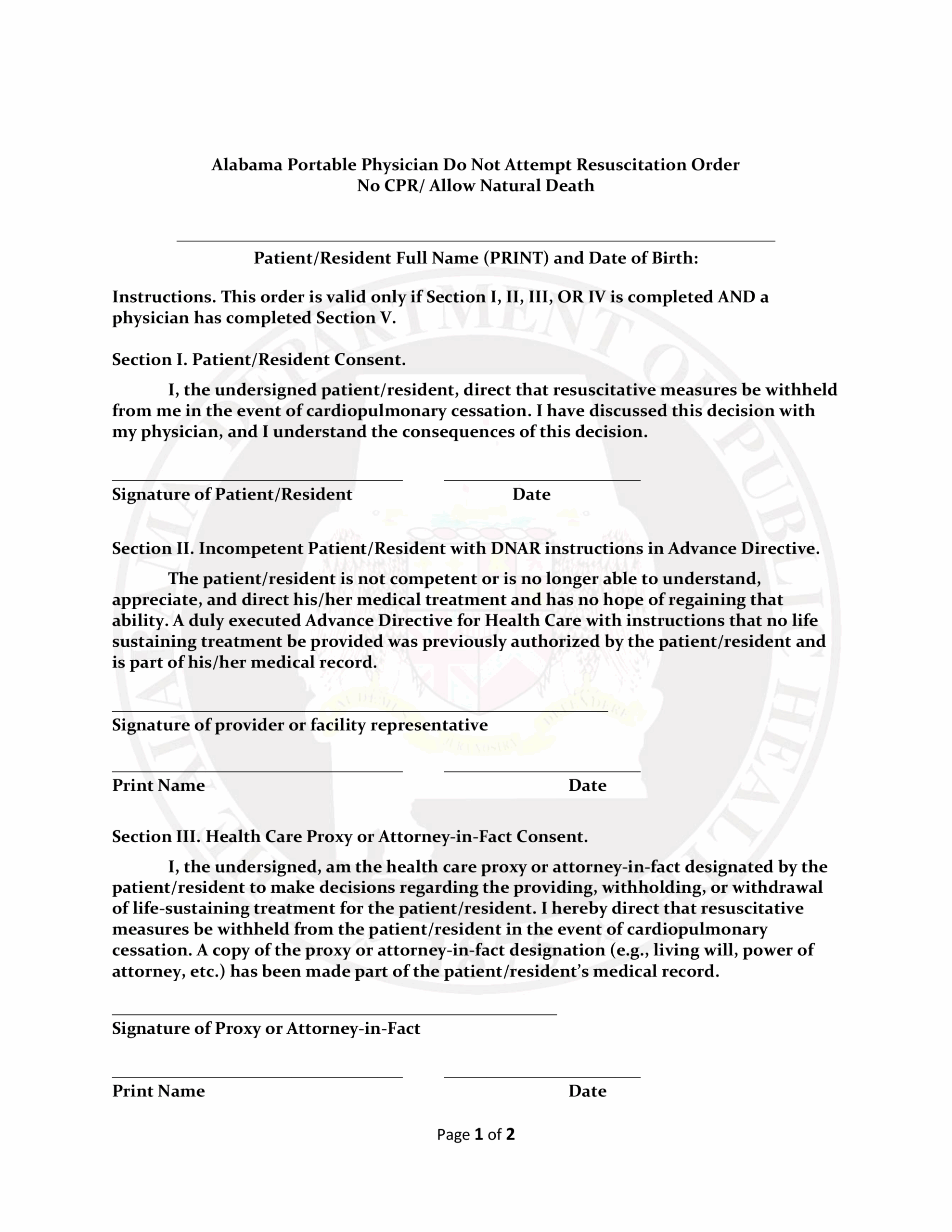 Free Alabama Do Not Resuscitate DNR Order Form PDF EForms