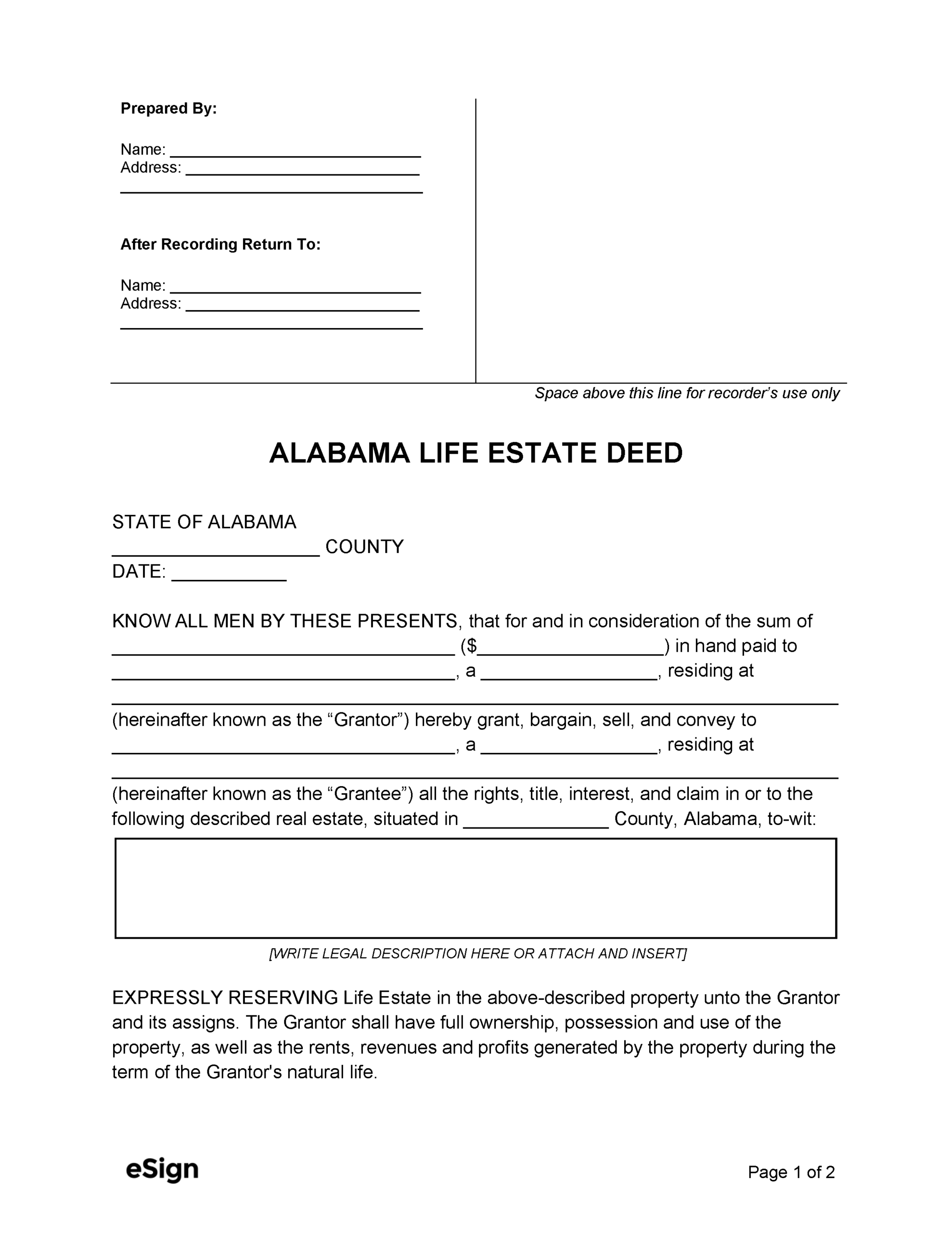 Free Alabama Life Estate Deed Form PDF Word