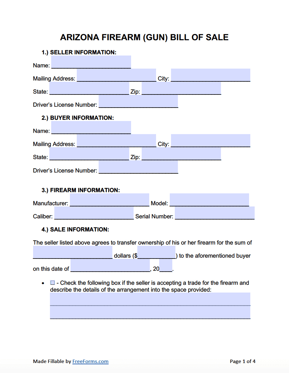 Free Arizona Firearm Gun Bill Of Sale Form PDF Word