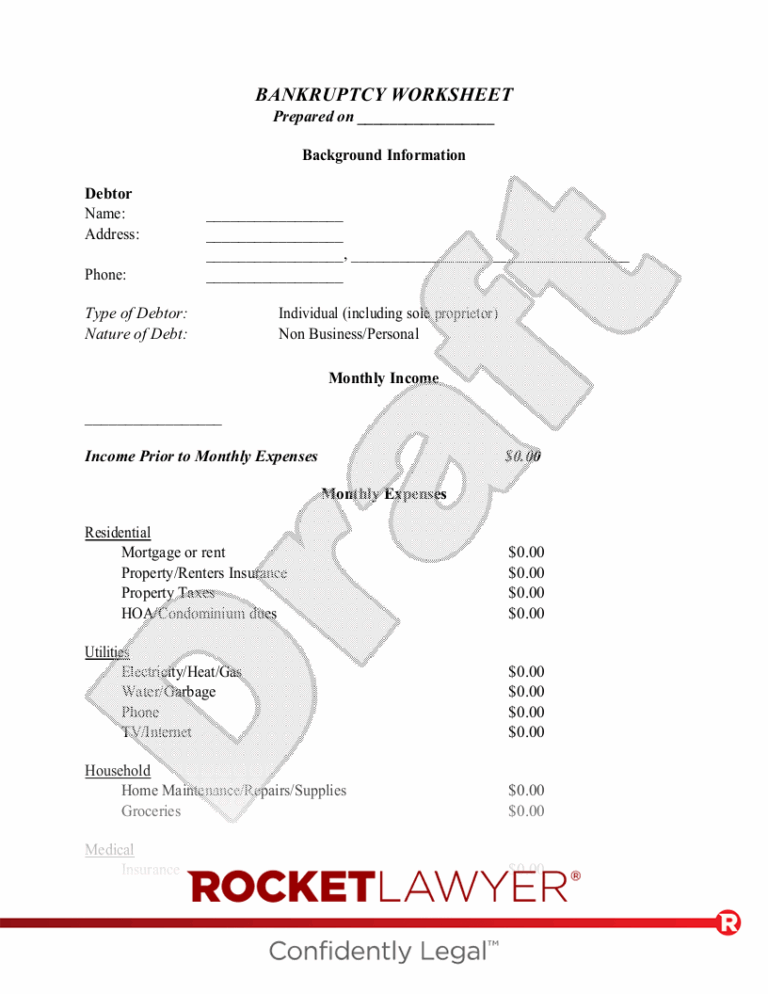 Free Bankruptcy Worksheet Rocket Lawyer