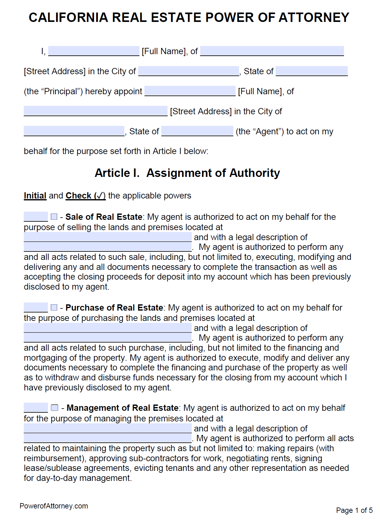 Free Printable Power Of Attorney Form California Pdf