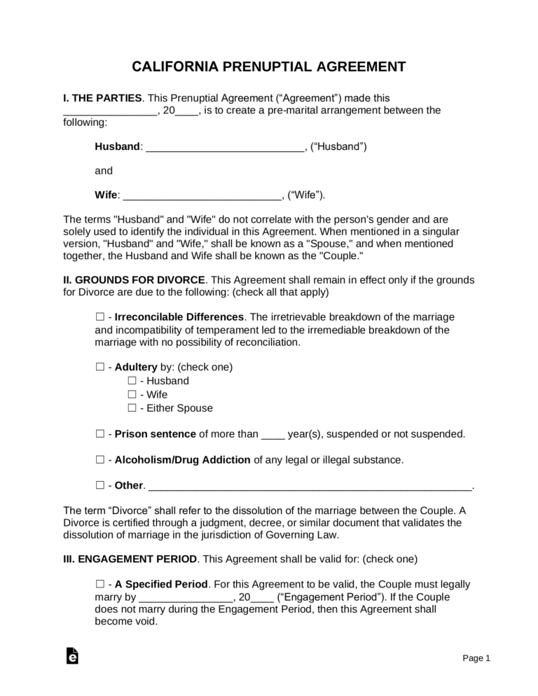 Free California Prenuptial Agreement Template PDF Word EForms