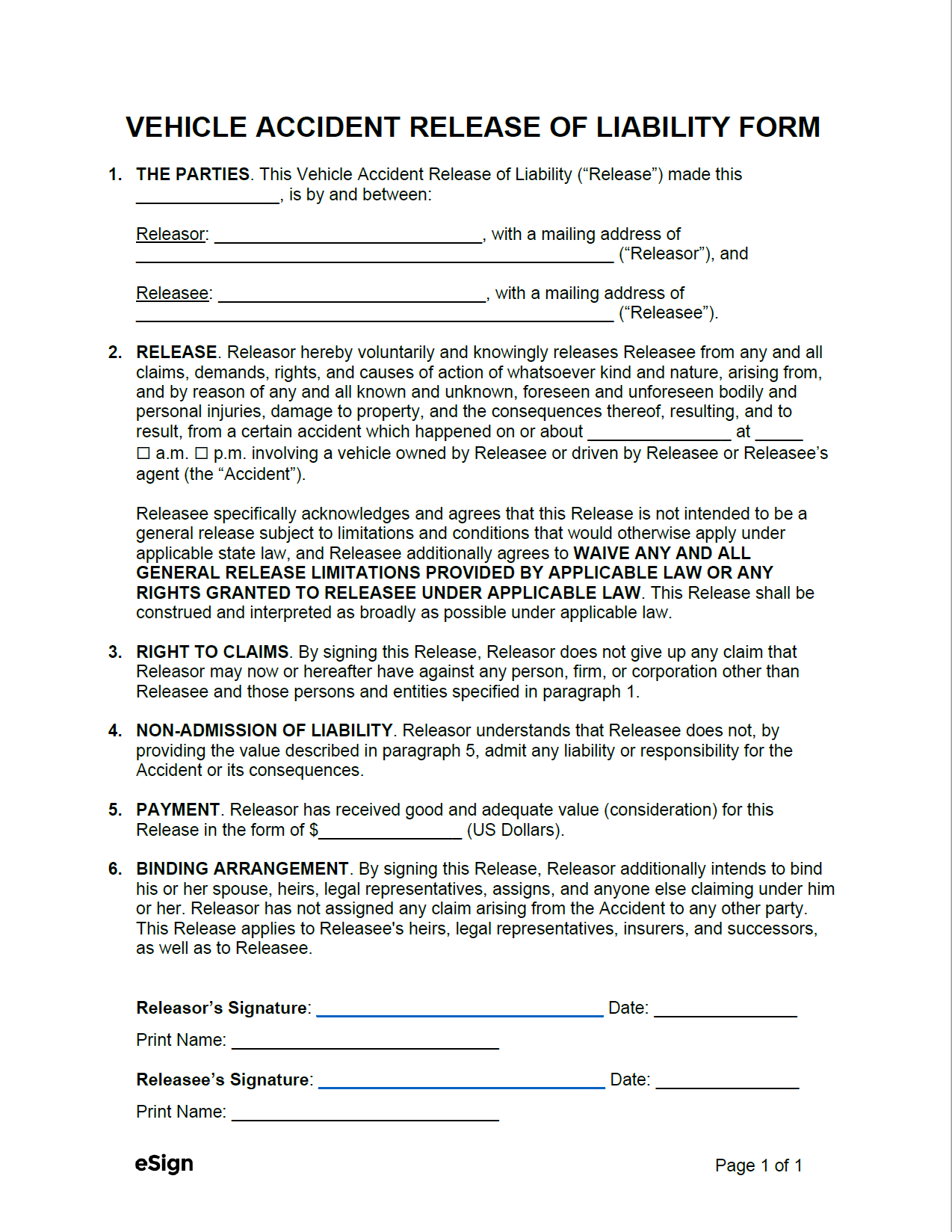 Free Car Accident Release Of Liability Form PDF Word