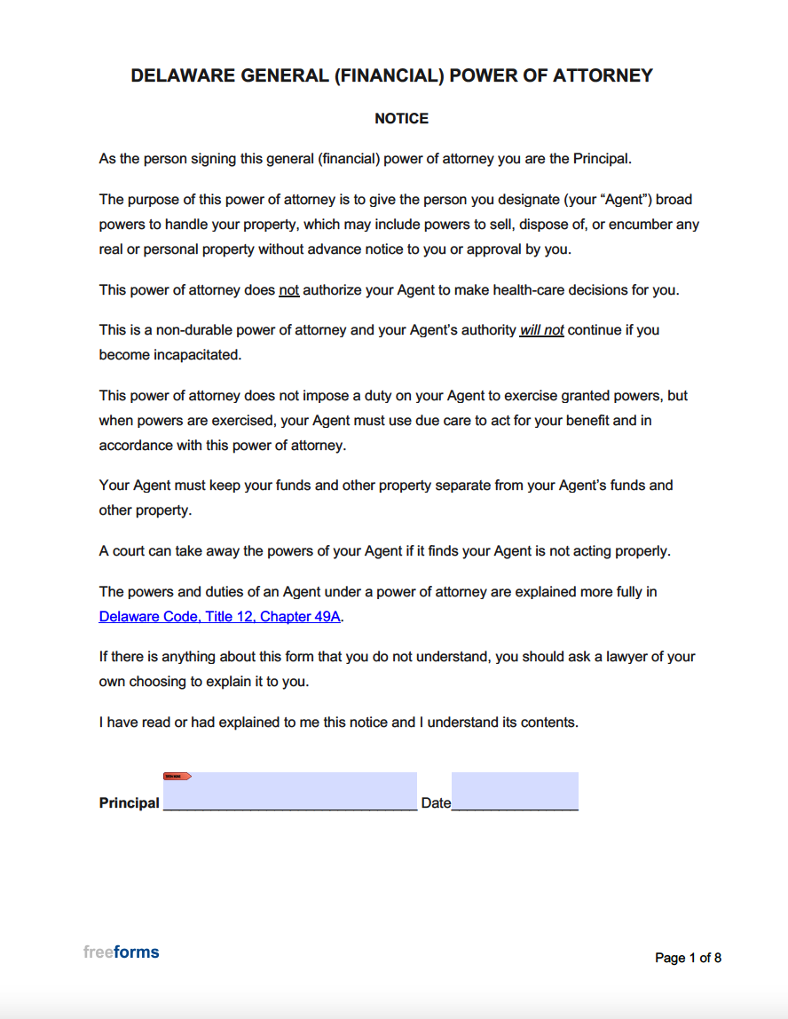Free Delaware General Financial Power Of Attorney Form PDF Word
