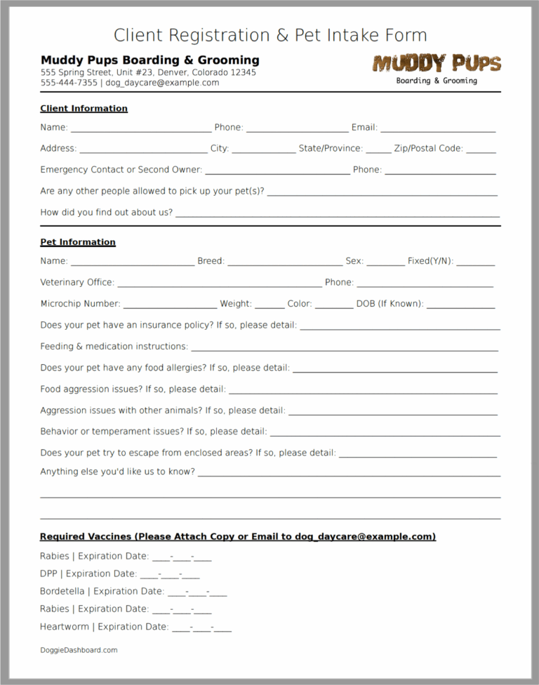 Free Dog Daycare U0026 Boarding Kennel Client Registration And Pet Intake Form
