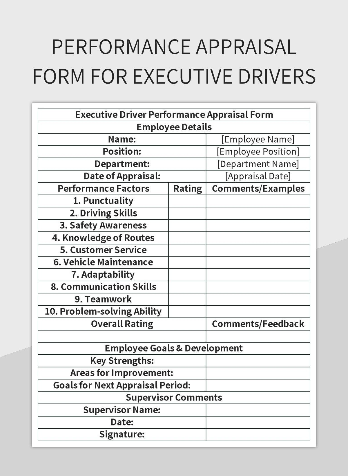 Free Driver Performance Appraisal Form Templates For Google Sheets And Microsoft Excel Slidesdocs