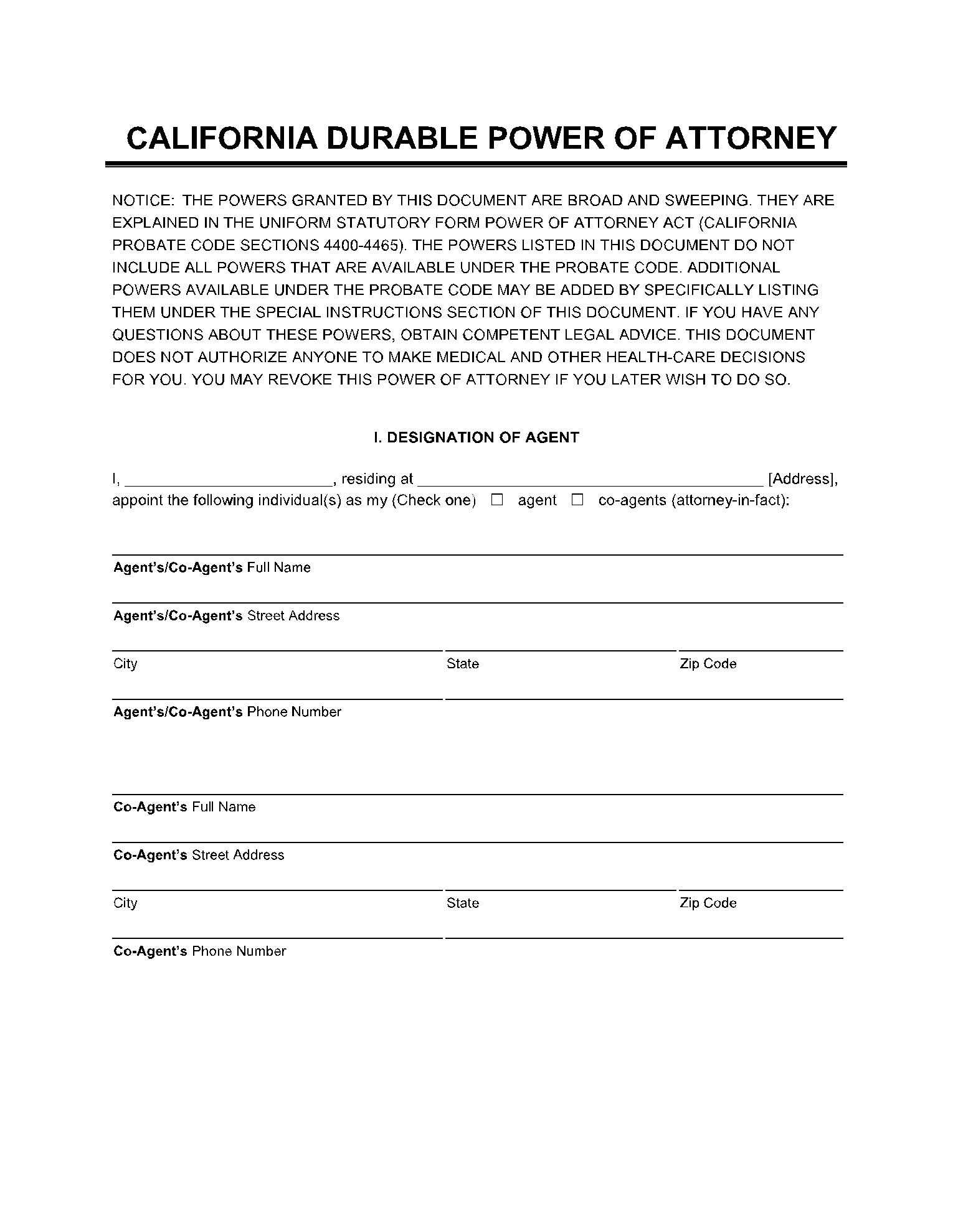 Free Printable Durable Poa Form