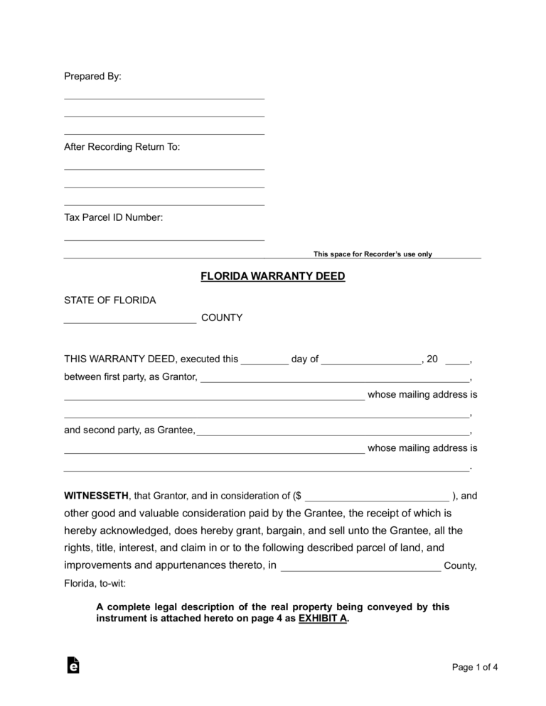 Free Florida General Warranty Deed Form PDF Word EForms
