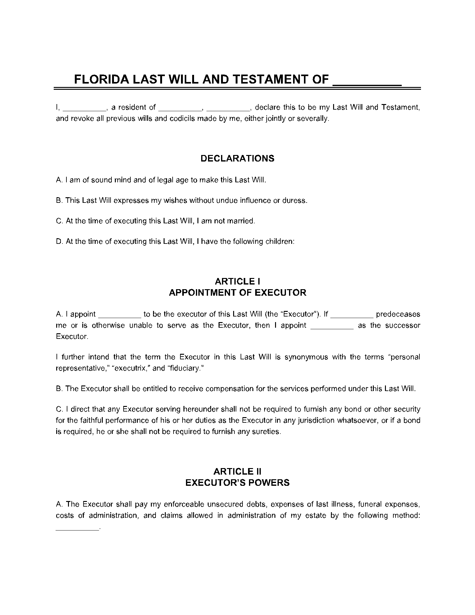 Free Printable Life Estate Form Florida