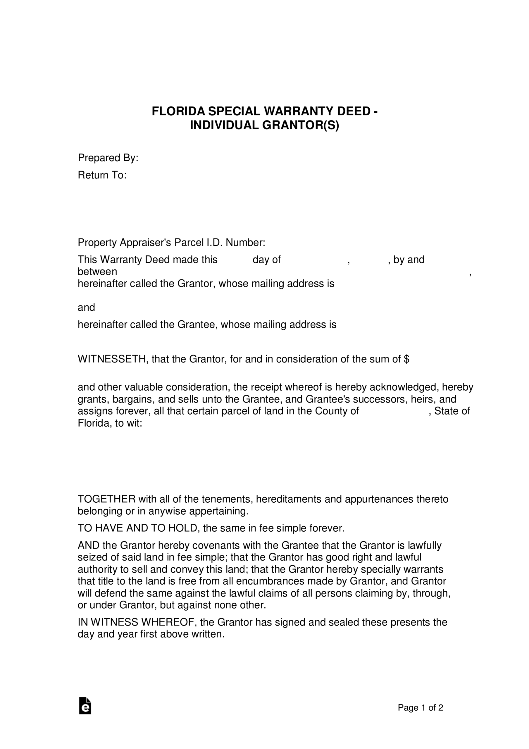 Free Florida Special Warranty Deed Form PDF EForms