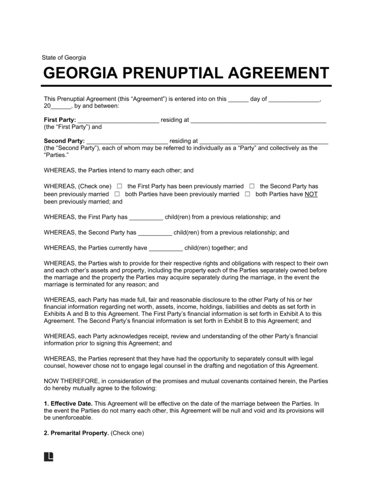 Free Georgia Prenuptial Agreement Template PDF U0026 Word