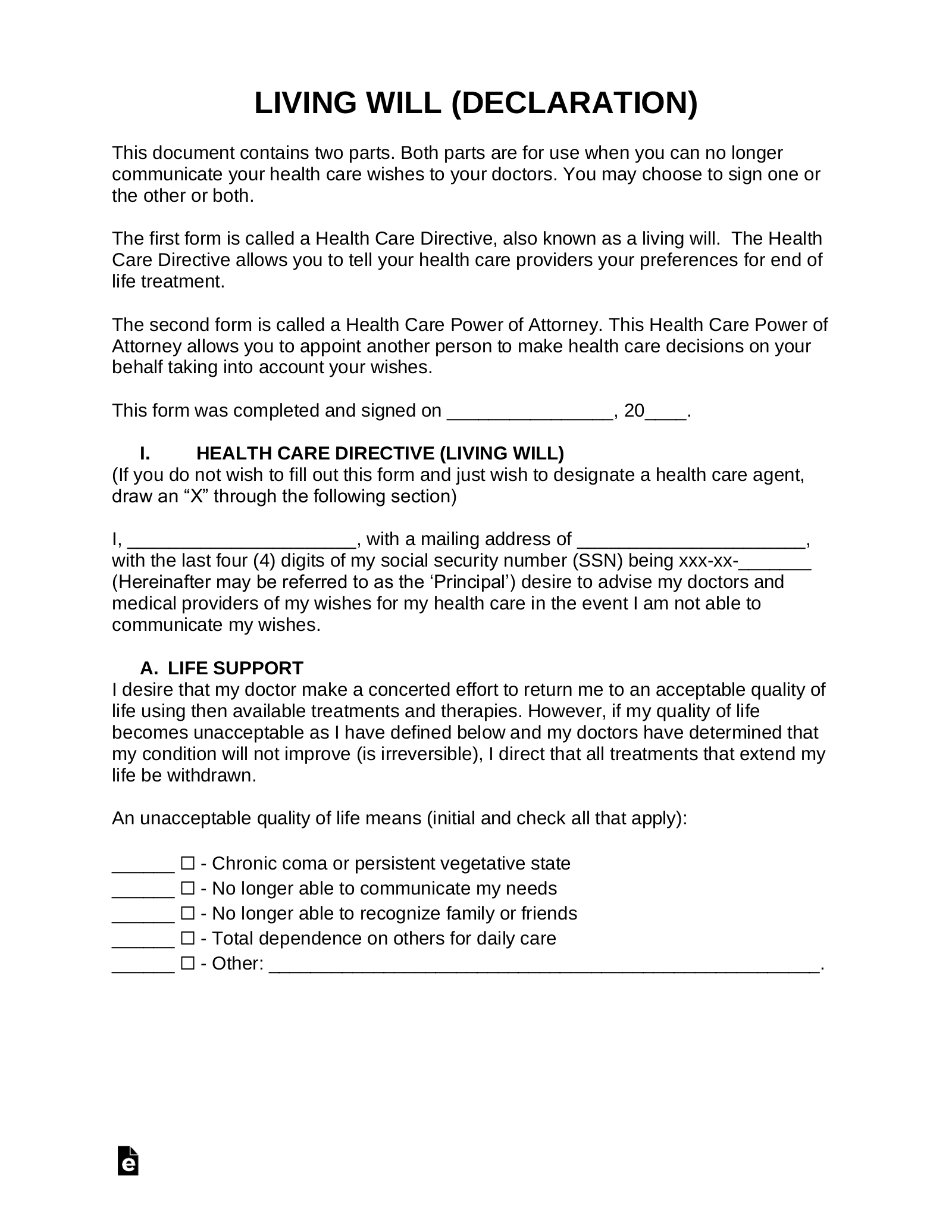 Completely Free Advance Directive Form Printable