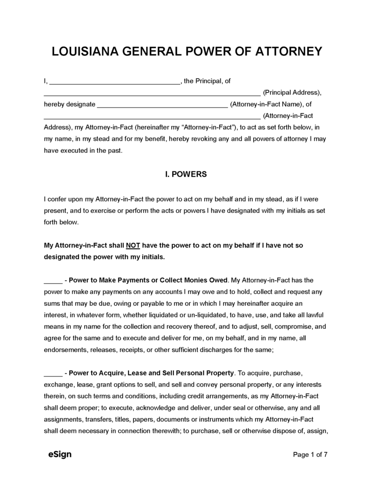 Free Louisiana General Power Of Attorney Form PDF Word