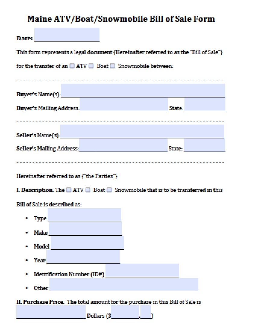 Free Printable Atv Bill Of Sale Form