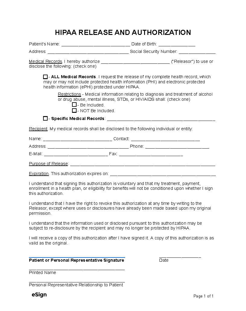 Free Printable Medical Authorization Form