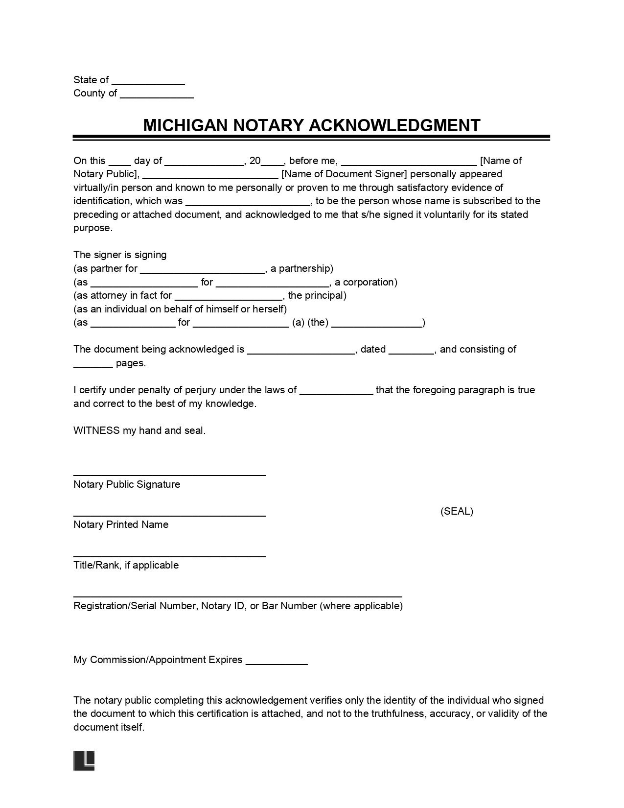 Free Michigan Notary Acknowledgment Form PDF U0026 Word