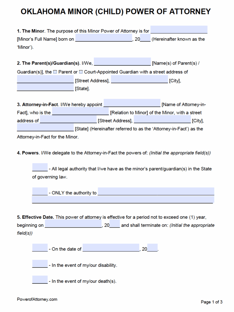 Free Minor Child Power Of Attorney Oklahoma