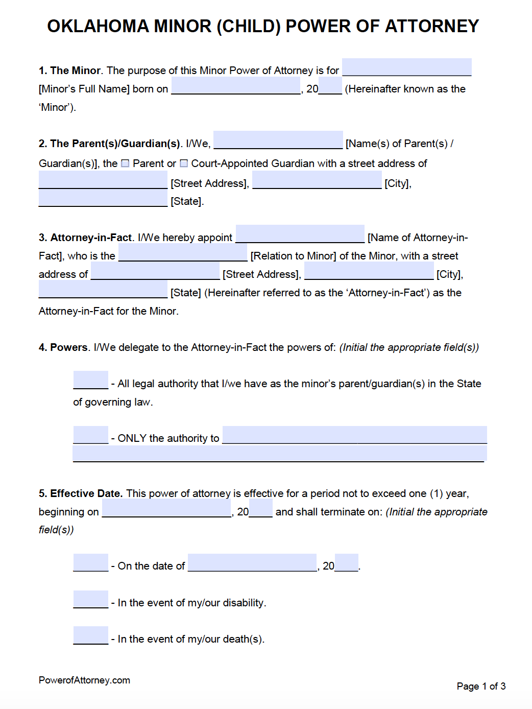 Free Minor Child Power Of Attorney Oklahoma