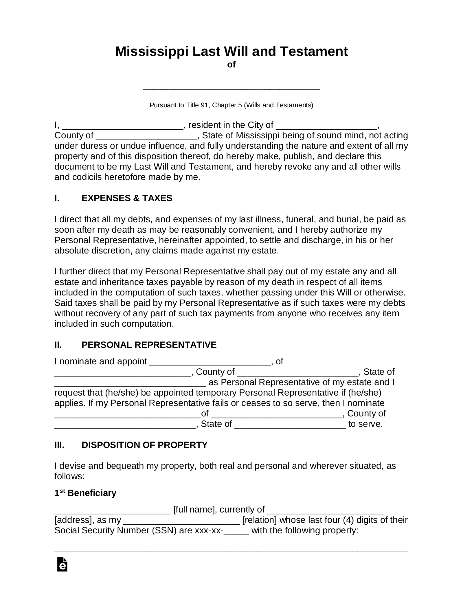 Free Mississippi Last Will And Testament Template PDF Word EForms