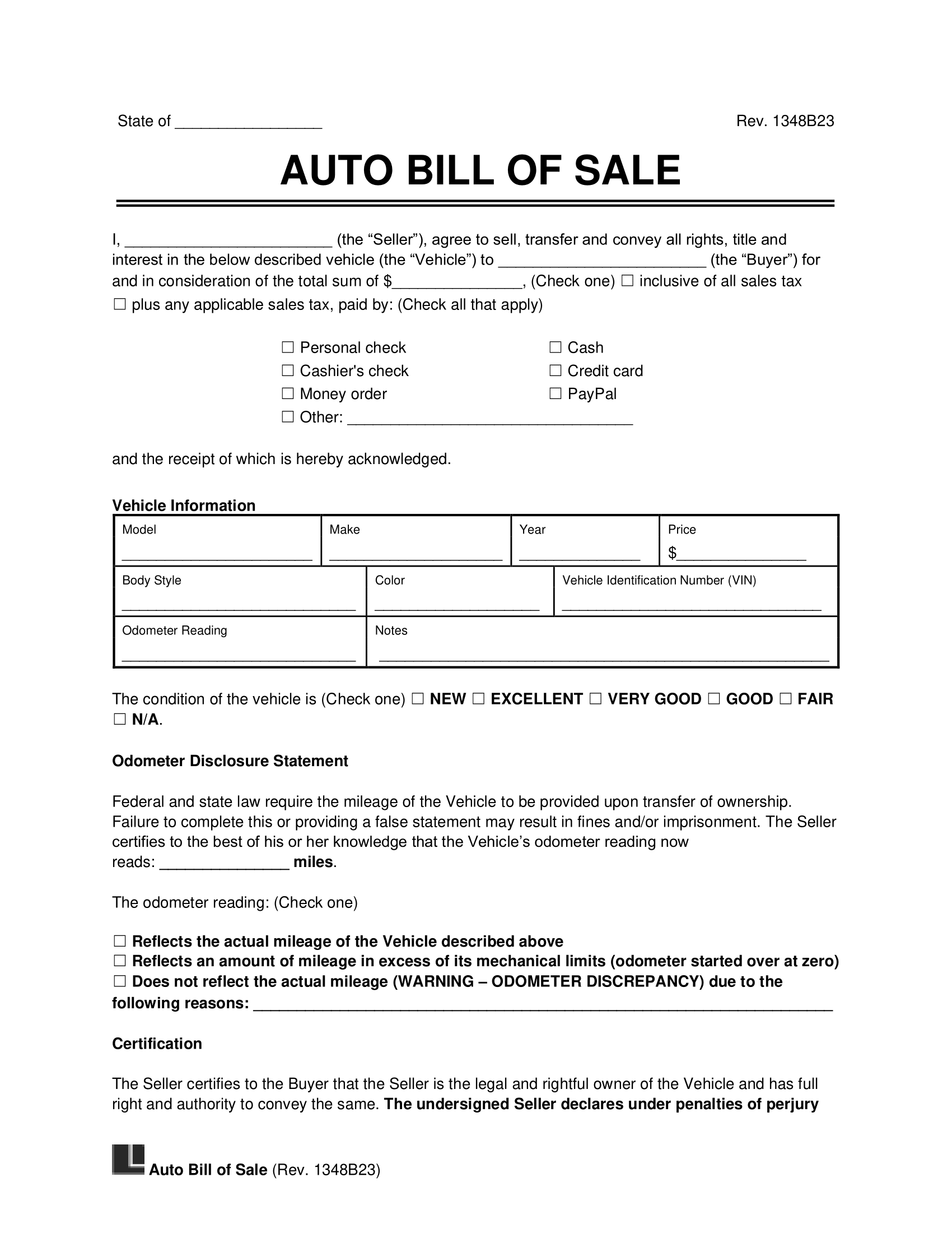 Free Motor Vehicle Bill Of Sale Form PDF U0026 Word