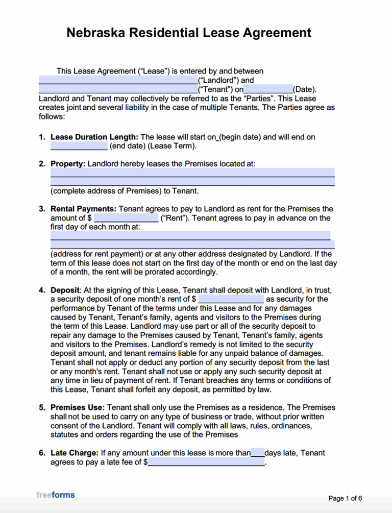 Free Nebraska Rental Lease Agreement Templates PDF Word
