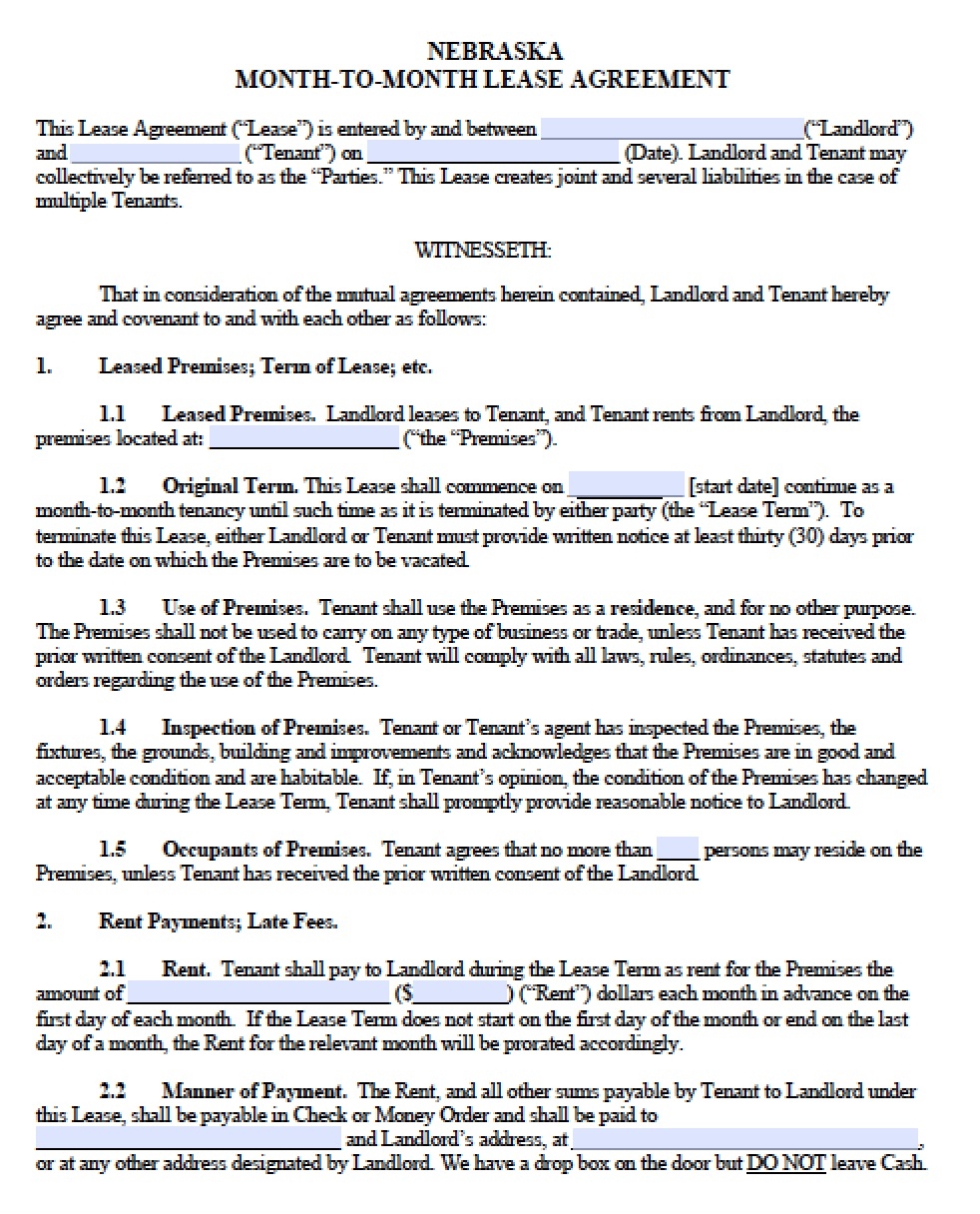 Free Nebraska Rental Lease Agreement Templates PDF Word