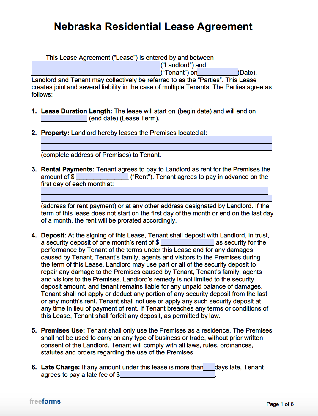 Free Nebraska Rental Lease Agreement Templates PDF Word