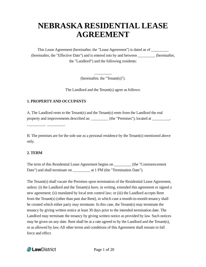Free Nebraska Residential Lease Agreement LawDistrict