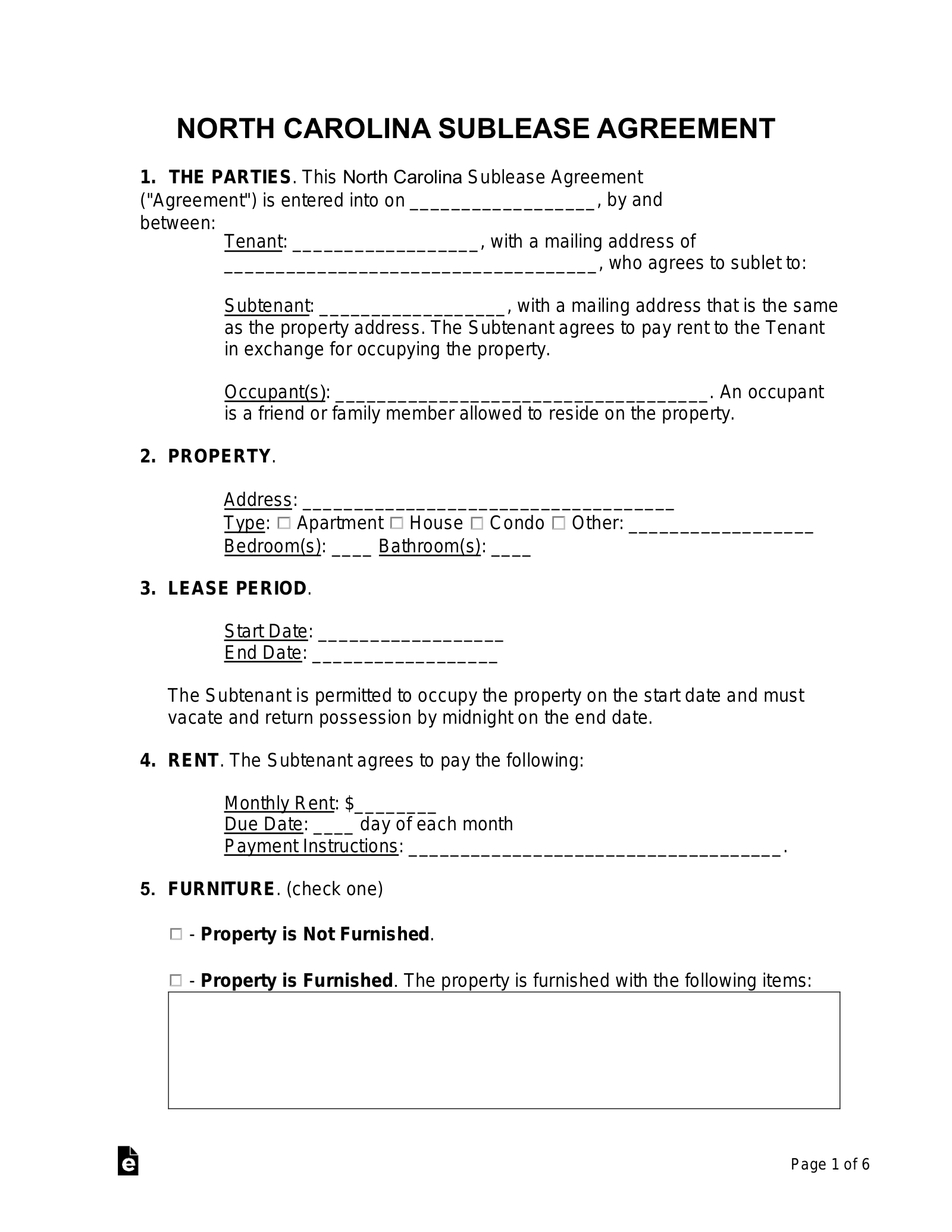 Free North Carolina Sublease Agreement Template PDF Word EForms