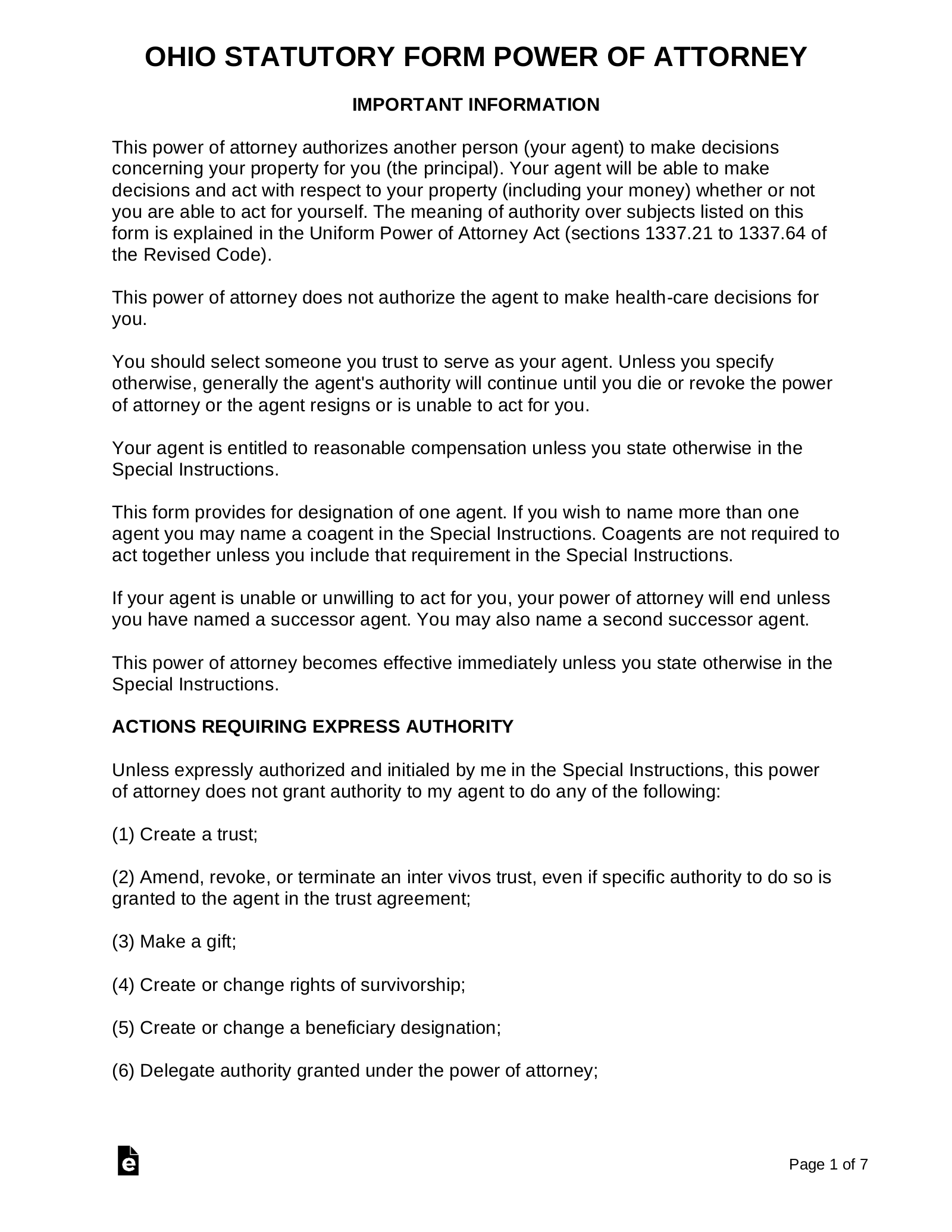 Free Ohio Power Of Attorney Forms 10 Types PDF Word EForms