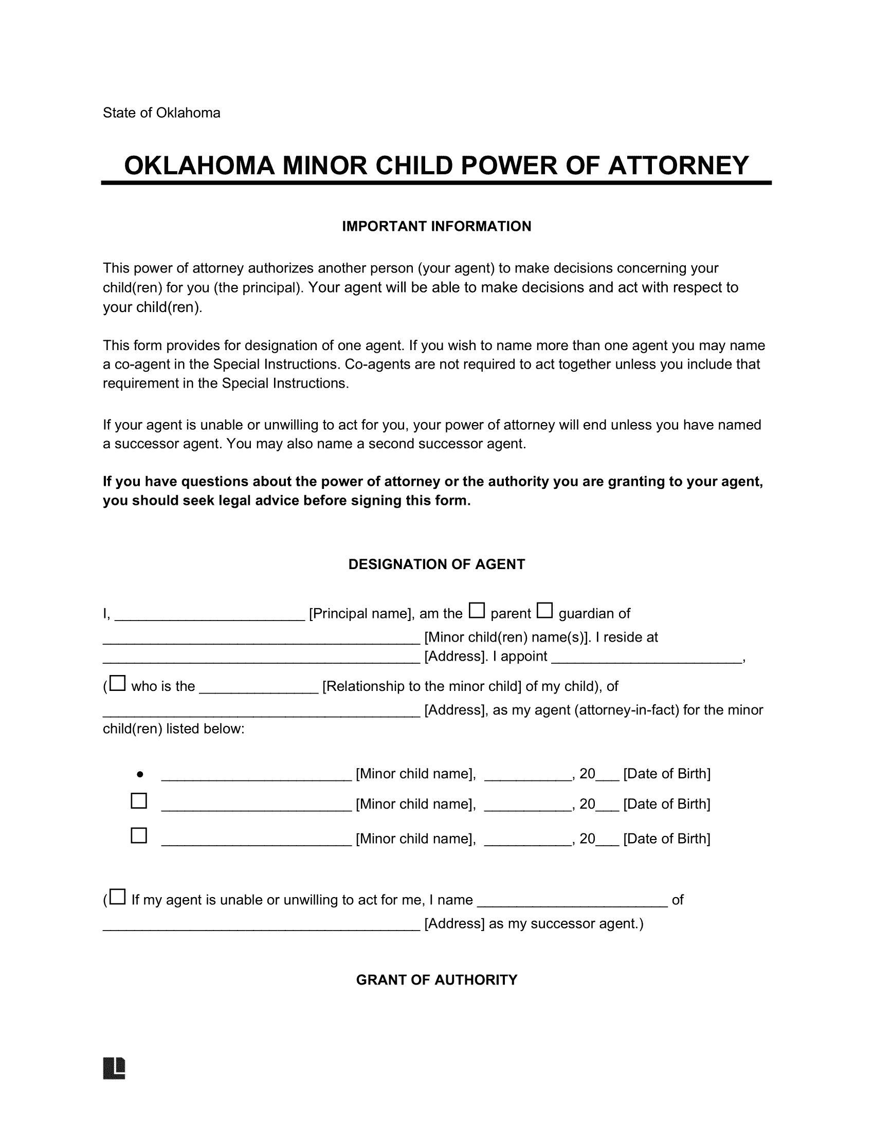 Free Oklahoma Minor Child Power Of Attorney Form PDF Word