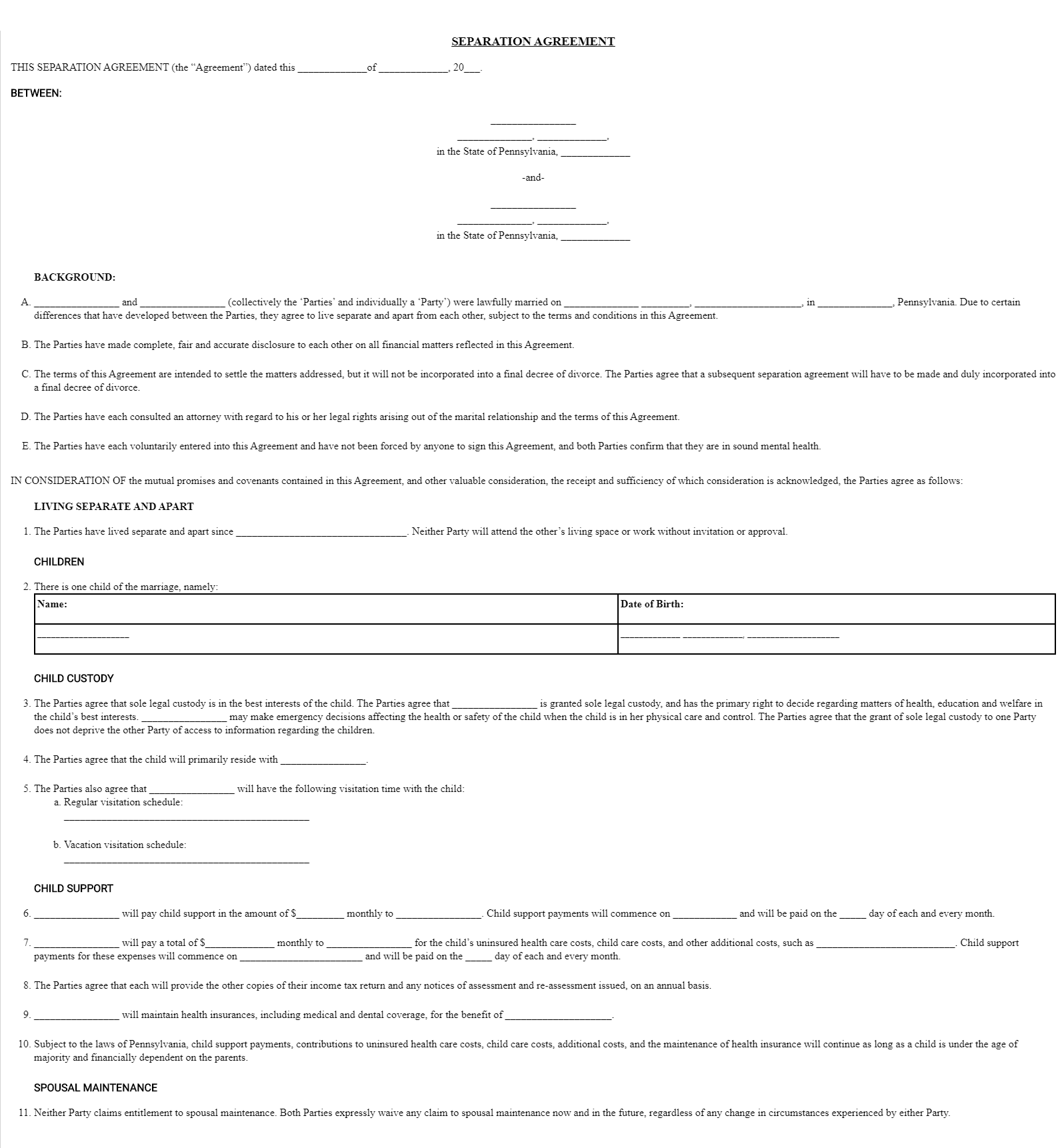 Free Pennsylvania Marital Separation Agreement Forms Legal