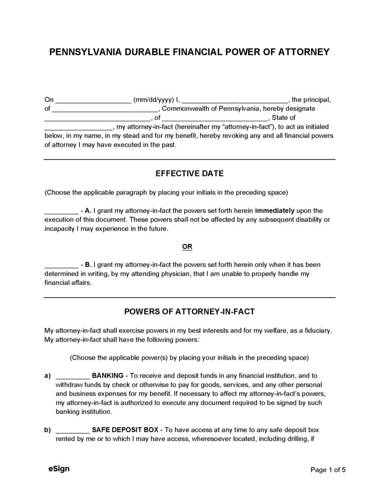 Free Pennsylvania Power Of Attorney Forms 10 PDF Word