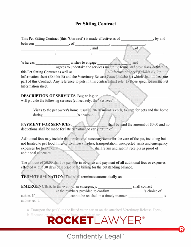Free Pet Sitting Contract Make U0026 Download Rocket Lawyer