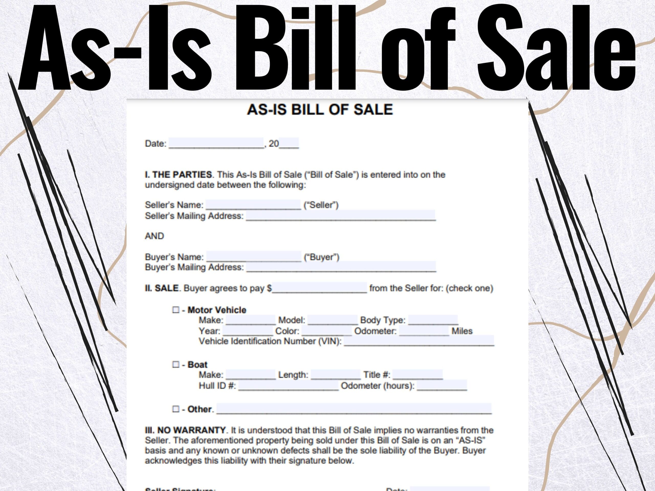 Free Printable Bill Of Sale Asis No Warranty Printable Party Favors