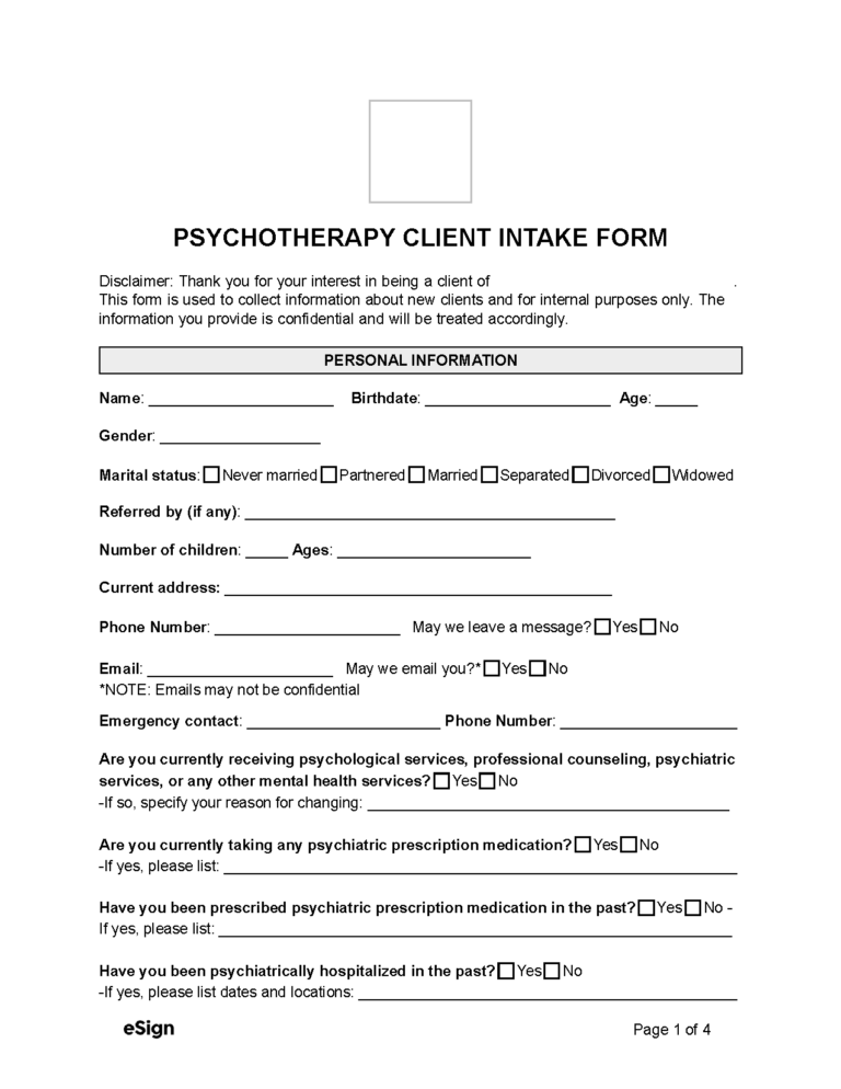 Free Psychotherapy Client Intake Form PDF Word