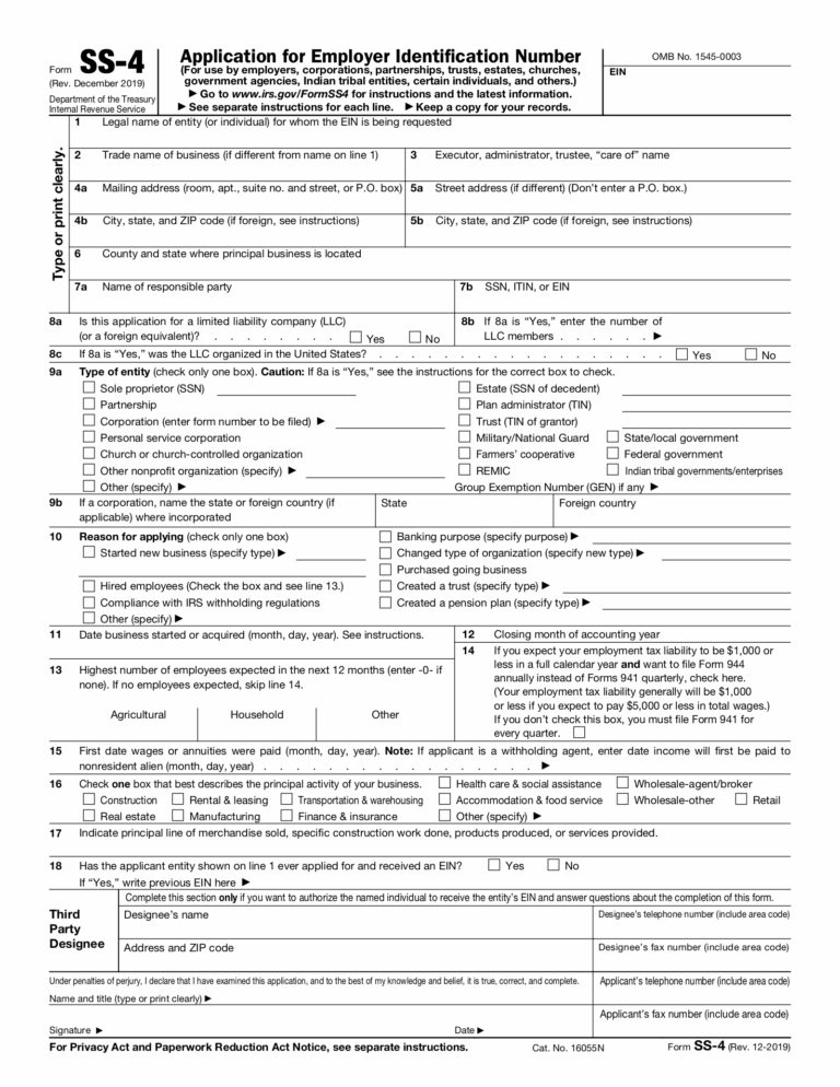 Free SS 4 Application For Employer Identification Number PDF EForms