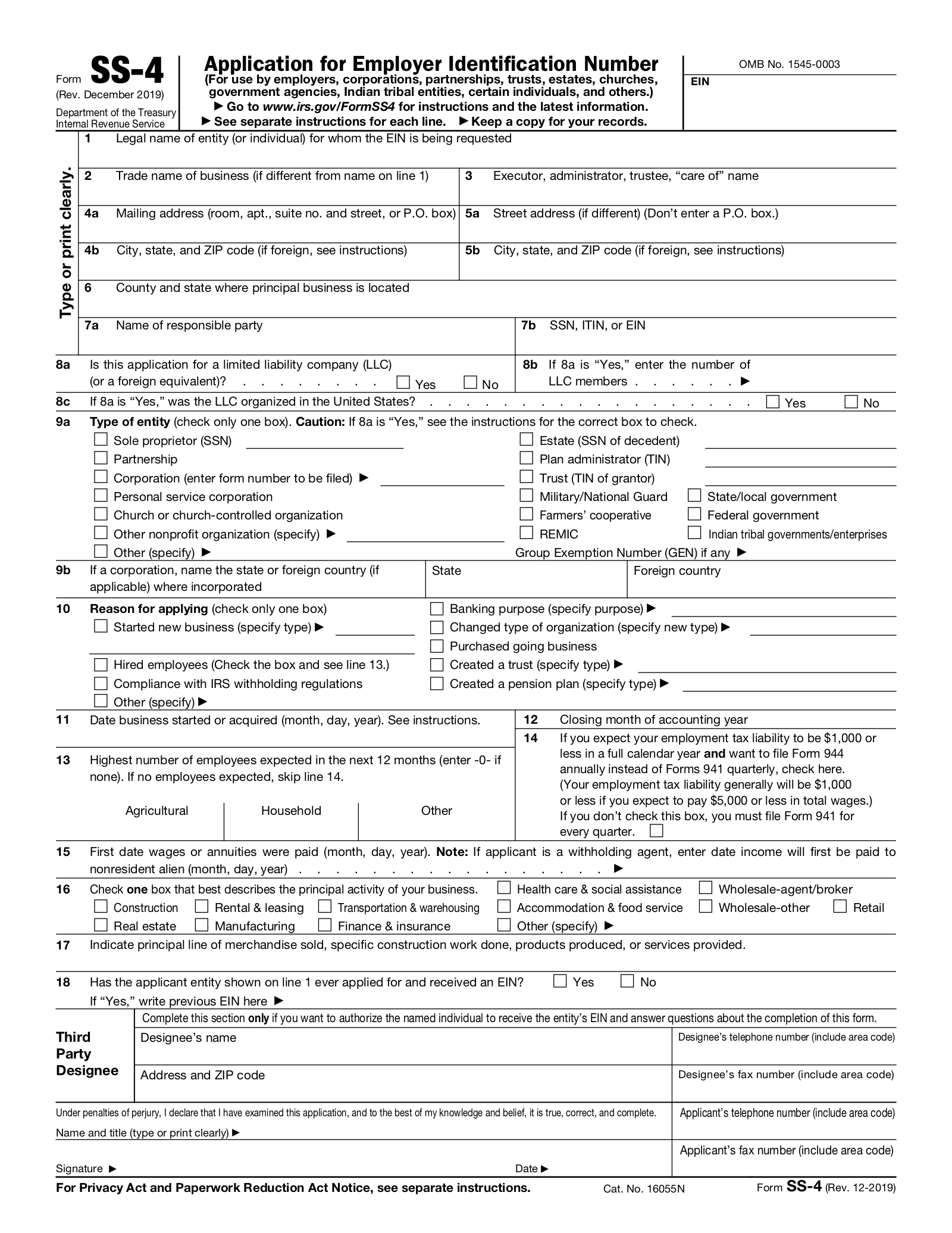 Free SS 4 Application For Employer Identification Number PDF EForms