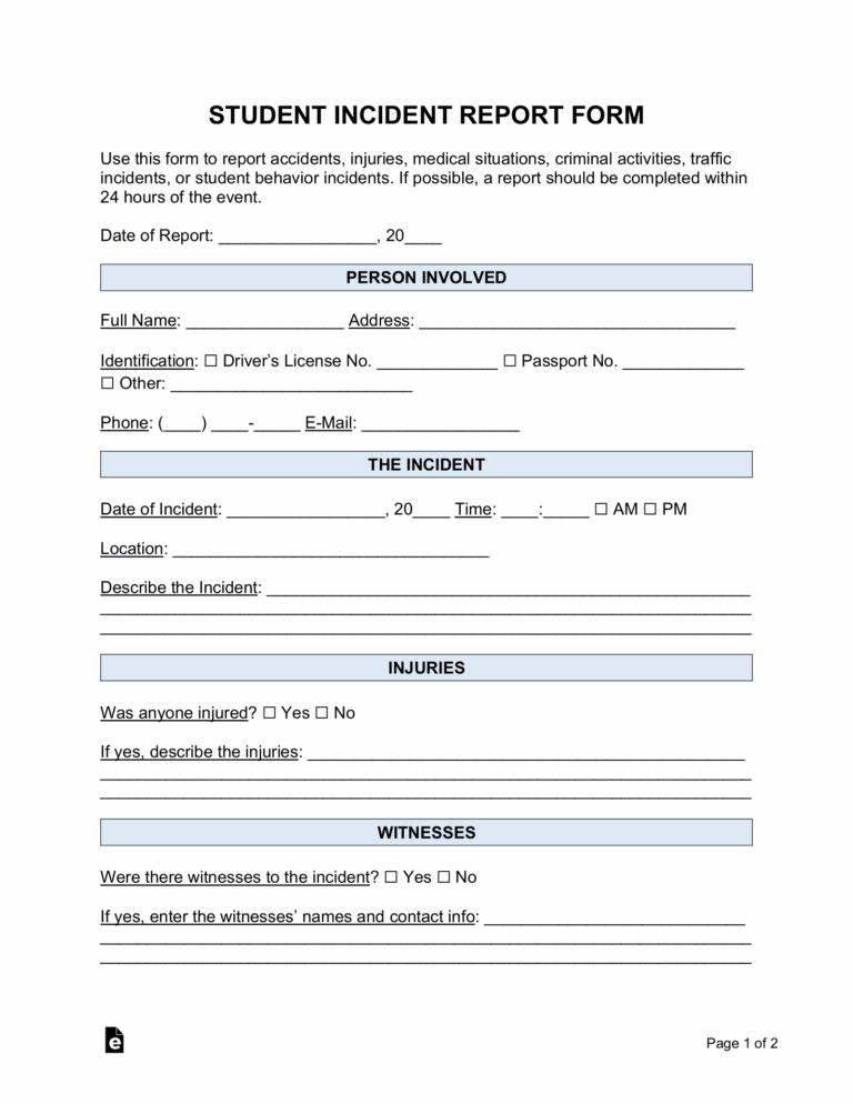 Free Student Incident Report Template PDF Word EForms