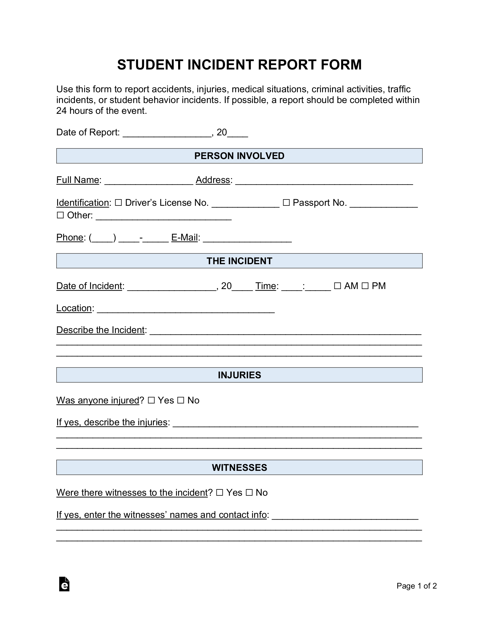 Free Student Incident Report Template PDF Word EForms